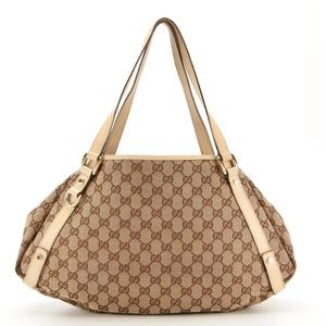 Gucci Bags | Gucci Shoulder Tote Bag In Tan Gg Canvas With Leather Trim ...